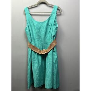 Nine‎ West Dress Womens 16 Green Belted Scoop Neck Sleeveless Sheath Textured